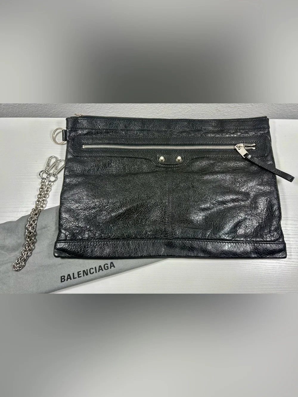 BALENCIAGA Black Classic Clip L Leather Clutch Bag, Lambskin~COA & Dust bag